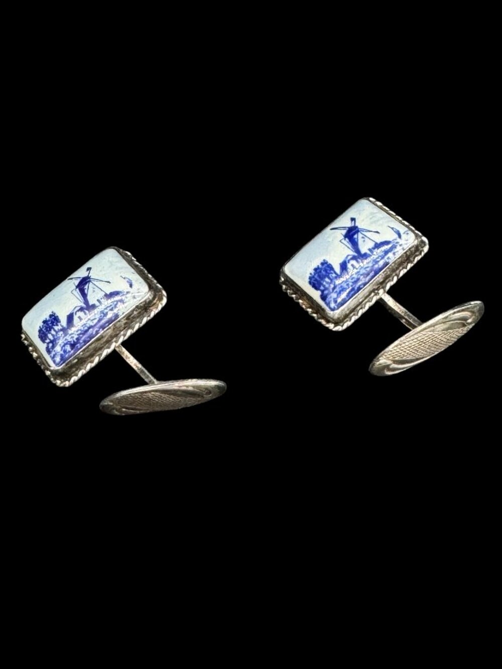 Vintage Sterling Silver Cufflinks Porcelain Blue White Dutch Windmill TESTED
